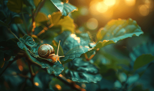 蜗牛的背景摄影照片_一只棕色的小蜗牛紧紧抓住花园里的一片叶子