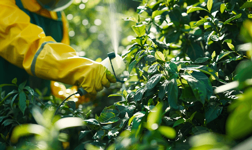黄杨树摄影照片_农民在后院用农药处理灌木