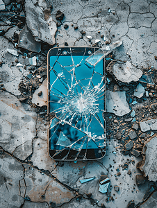 水泥地板背景上手机屏幕碎玻璃