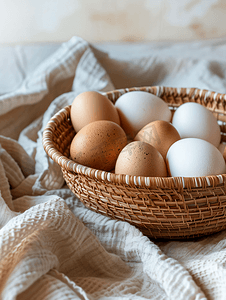 柳条篮里的农场新鲜鸡蛋