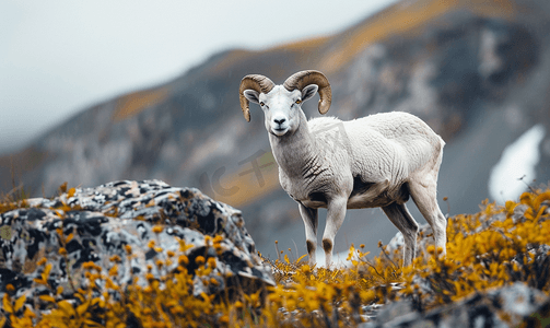 山地草甸里的灰白大角羊