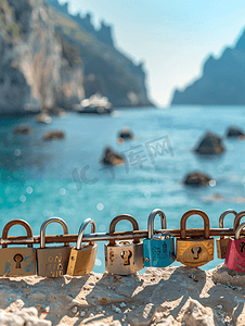 背景为意大利卡普里岛海岸的爱情锁