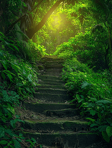 绿色通道摄影照片_森林深处的旧楼梯爬台阶