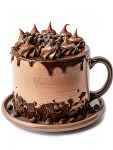 咖啡杯与巧克力蛋糕顶部视图孤立在白色