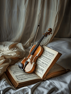 白色古典摄影照片_音乐书上的小提琴琴弓