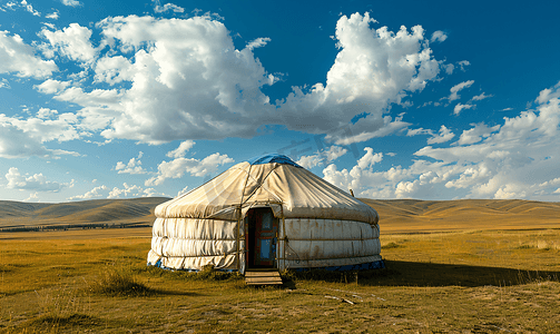 中亚广阔景观中的传统蒙古包