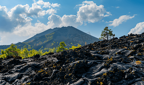 厦门火山岛摄影照片_埃特纳火山斜坡上生长茂盛的硬化熔岩