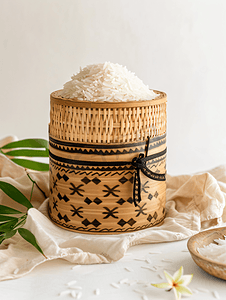 美食坚果背景摄影照片_白色背景上带有泰国糯米的传统图案竹盒