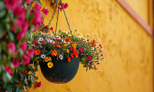 户外棕色墙壁上挂着花盆上面开着美丽的秋花