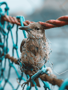 渔网摄影照片_死鸟被困在渔网中