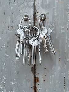 门锁摄影照片_门锁孔中的一串钢钥匙