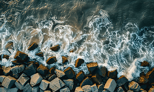 混凝土碎石摄影照片_海岸和波浪破碎石的鸟瞰图
