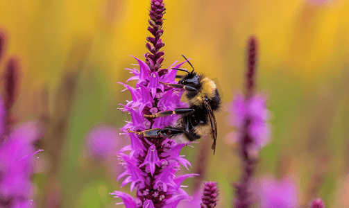 东方腔调摄影照片_普通东方熊蜂为紫色密集的炽热恒星授粉