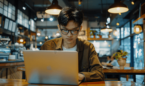 年轻亚洲经济学家在咖啡店使用笔记本电脑