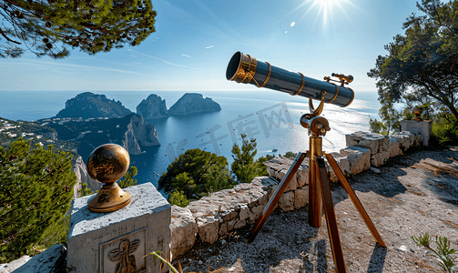 望远镜在俯瞰意大利卡普里岛海岸的视点