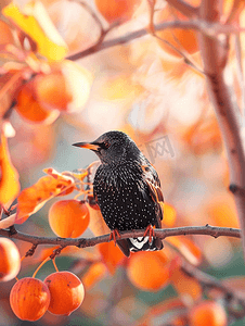 秋天柿子树和树叶上的八哥鸟