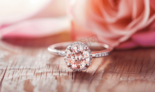 木桌上的珠宝钻戒背景为美丽的粉红玫瑰花瓣