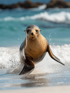 海滩上的雄性海狮逃跑