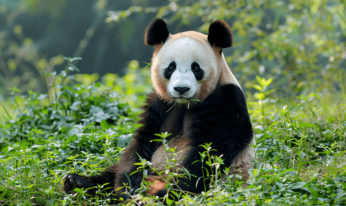 黑色的熊摄影照片_美丽的大熊猫坐在草地上