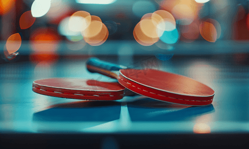 乒乓球乒乓球摄影照片_乒乓球桌上的两个红色网球拍