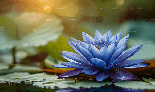 百合摄影照片_池塘里盛开着一朵精致的蓝色睡莲阳光透过花瓣照耀着