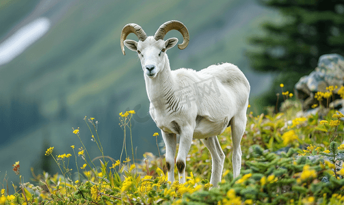山地助力车摄影照片_山地草甸里的灰白大角羊
