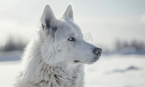 看雪摄影照片_白狼狗看着你