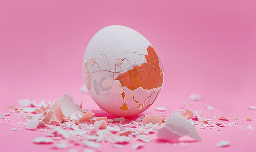 这是粉红色背景上破裂的鸡蛋的照片