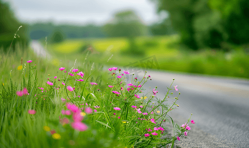路边的绿草和粉红色的花朵