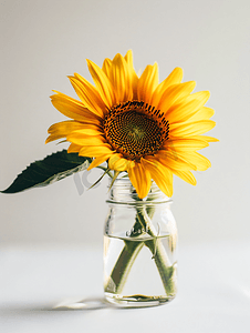 向日葵水彩摄影照片_白色背景中玻璃罐中的黄色向日葵