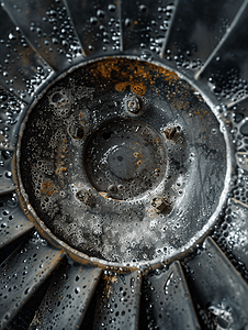 排气扇摄影照片_预防性清洁和清洗前非常脏的厨房排气扇风扇的特写