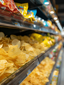 食品超市摄影照片_超市便利店货架上摆着薯片零食模糊抽象背景