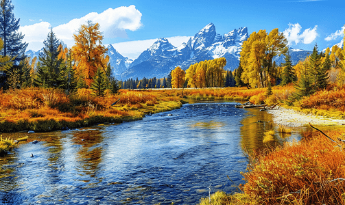 风景秋天摄影照片_大提顿山脉的一条河流被秋天的色彩所包围