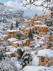 约旦冬季的村庄和露台花园