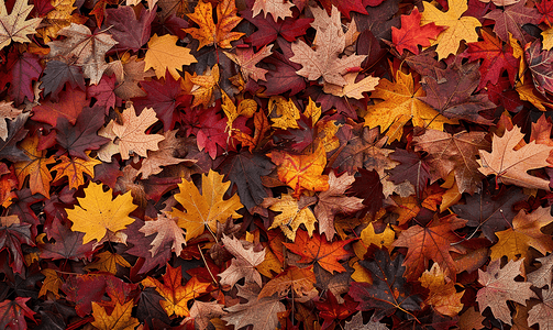 枫树红背景摄影照片_北红橡树叶秋季生态地毯选择性焦点