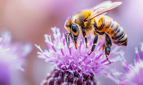 授粉摄影照片_蜜蜂为炽热的星紫色花朵授粉