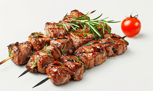 白色背景中突显的烤猪肉串和蔬菜烧烤
