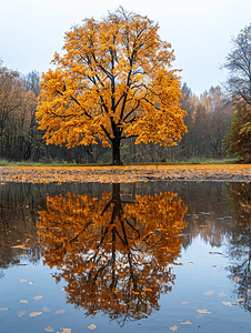 雨后水倒影秋色树黄叶之美