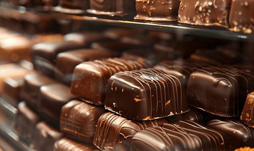 商店橱窗里直线排列的比利时黑巧克力糖果特写