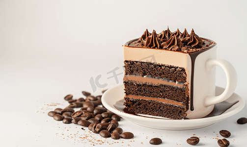 白色巧克力蛋糕摄影照片_咖啡杯巧克力蛋糕前景孤独白色