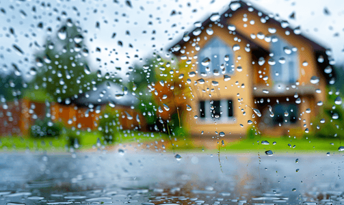 雨风景摄影照片_雨滴在挡风玻璃上模糊的房子