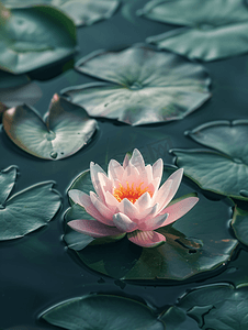 梦幻海报粉色摄影照片_湖面上绿叶间长着一朵粉色花瓣的睡莲