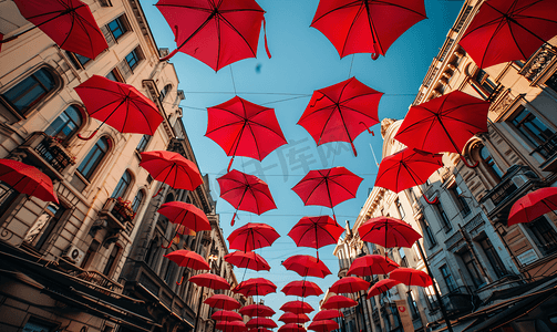 贝尔格莱德街道上有许多红色雨伞
