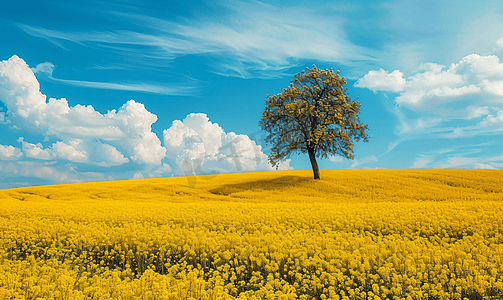 日间景观黄色的油菜花田一棵孤独的树令人惊叹的天空云彩