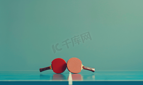 乒乓球桌上的两个红色网球拍
