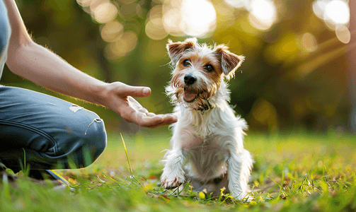 小有趣的狗正在夏季公园和他的主人玩耍