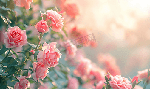 粉红玫瑰花盛开花园里光线柔和
