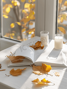 白色空白书白桌上放着秋叶、玻璃和蜡烛模型设计