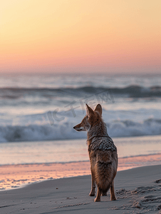郊狼在下加利福尼亚州海滩日落