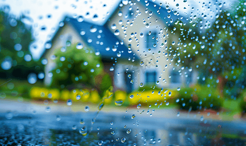 下雨的摄影照片_雨滴在挡风玻璃上模糊的房子